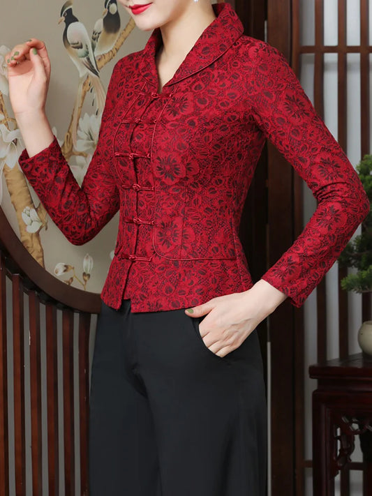 Autumn and winter velvet lace floral cheongsam top retro, warm casual jacket long-sleeved Tang suit women top lapel