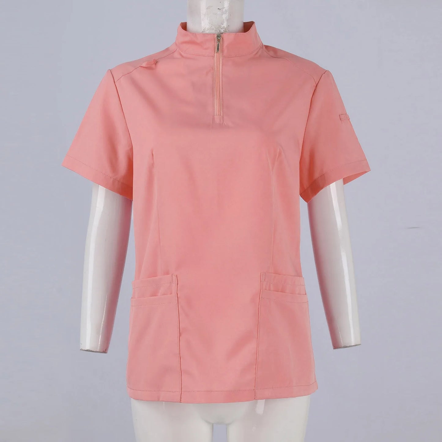 Women Two-Piece Set Solid Color Stand-Up Collar Short-Sleeve Top With Zipper Pocket And Matching Pants Professional Workwear