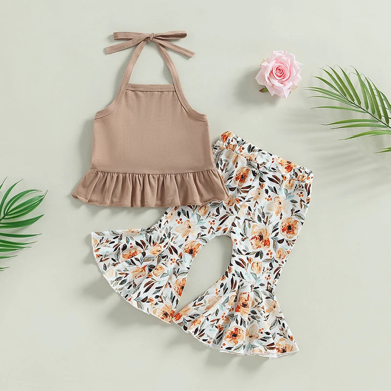 Toddler Girls Sleeveless Top and Floral Print Bell Bottoms Set Lace-Up Halterneck Vest with Flare Pants Summer Ensemble