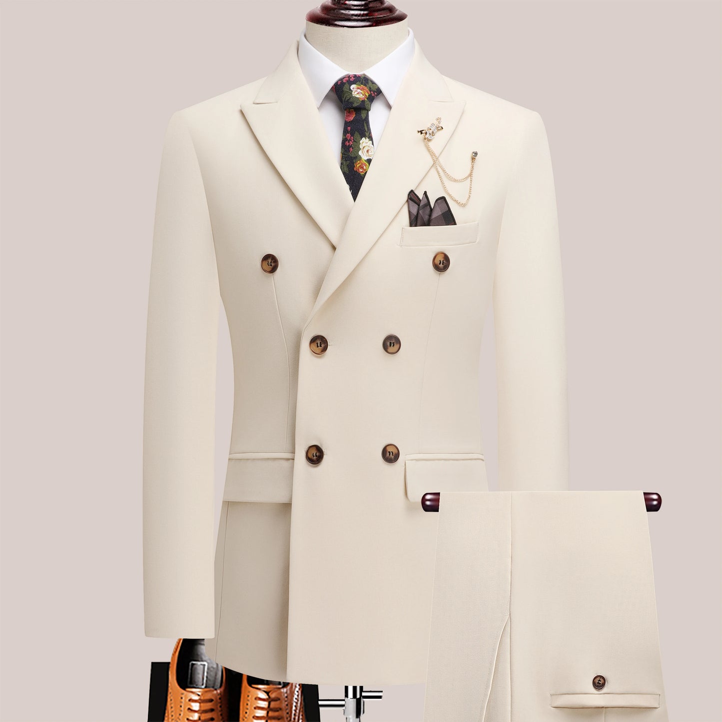 The latest men's solid color suit two-piece set with lapel collar and double breasted buttons for four seasons, men's business s