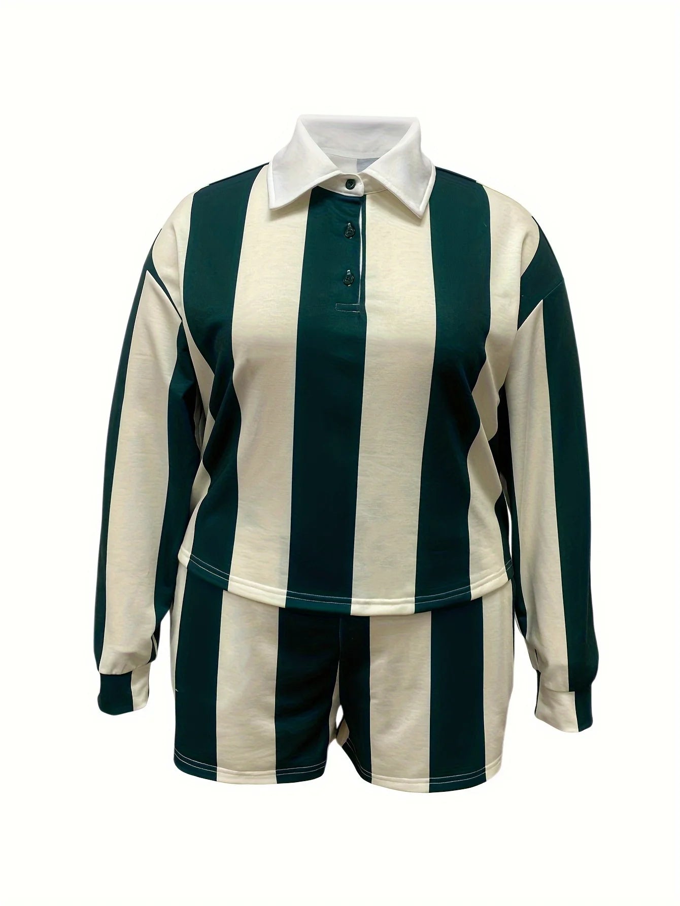 Striped Print Lapel Long Sleeved Shirt and Shorts Casual Two-piece Set