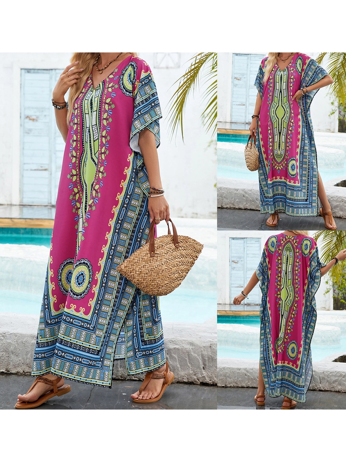 Women s Boho Style Floral Print V-neck Short Sleeve Beach Cover-up Dress with Side Slit Loose Fit Summer Maxi Dress