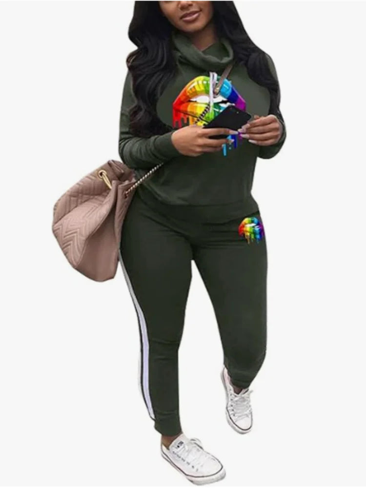 Womens Casual 2 Piece Tracksuit Outfits Lip Print Pattern Long Sleeve Pullover Pants Set
