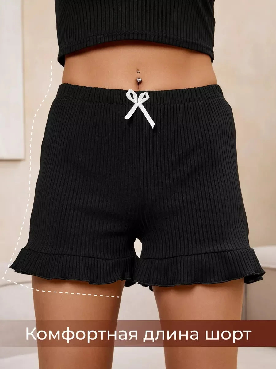 Summer Women's Pajamas Set Lace Button Patchwork Top Ruffles Shorts Sleepwear 2 Piece Set For Women Sexy Cami Slim Pyjamas Suit