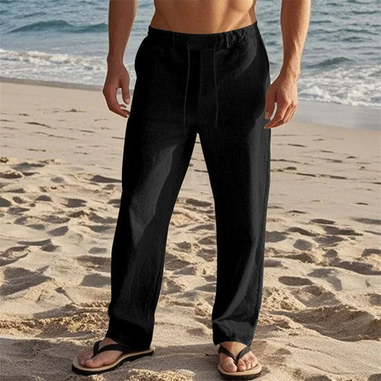 Men s Lightweight Drawstring Linen Pants with Pockets Comfortable Straight Leg Casual Trousers for Summer Beach Wear
