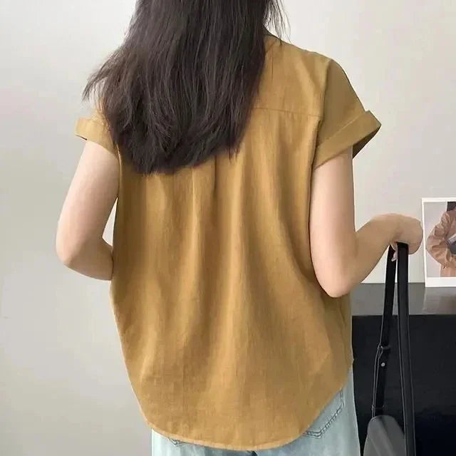 Women's Korean Version of Loose Short-sleeved Polo Shirt Chiffon Lapel Shirt Summer New Fashion Tops Thin Shirt Button Cardigan