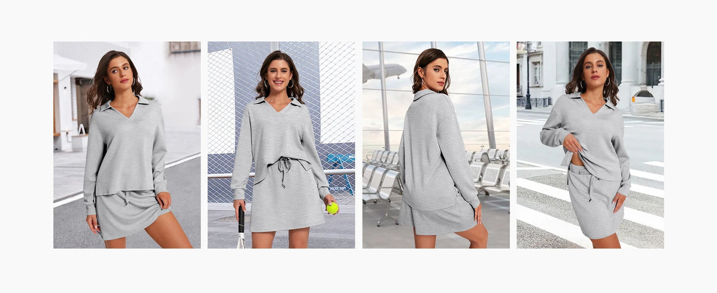 Two Piece Sets for Women 2024 Casual Tracksuit Sweatshirt Skorts Matching Set Lounge Tennis Jogger Sweat Suit