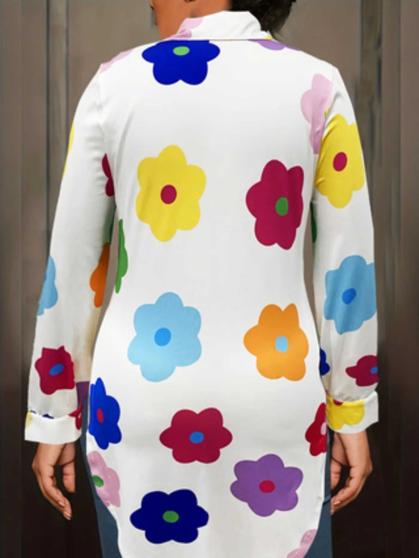 Women's Large Size Colorful Flower Printed Long Sleeve Dress