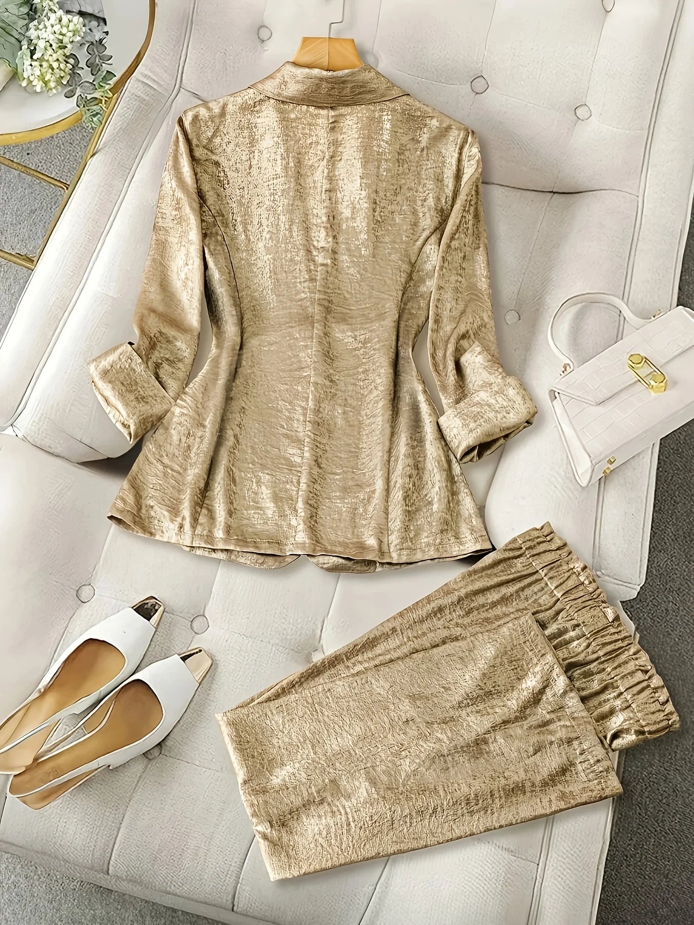 Metallic lapel single button pocket women's suit elegant jacket straight trousers suit, suitable for commuting, office, gatherin