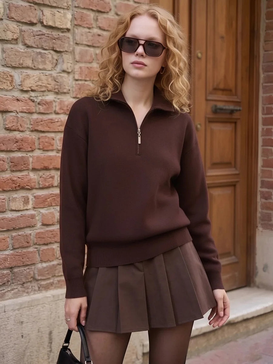 Red Zip Up Sweater Women Brown Oversized Winter Autumn Pullovers Half Zip Thick White Turtleneck Sweater With Zipper Women Warm