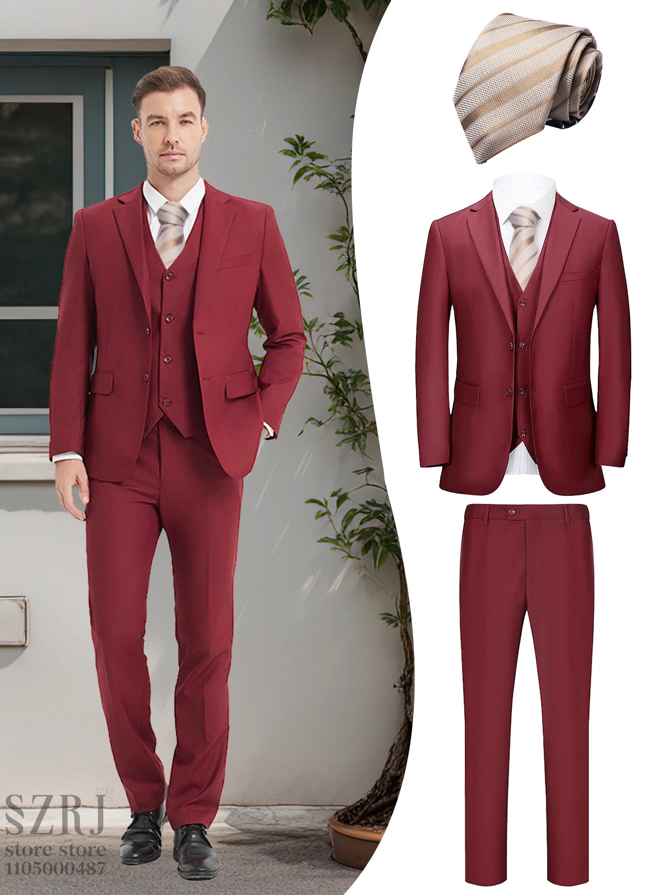 Men's 4-Piece Suit: Jacket+Vest+Pants+golden Tie. V-Neck, Gentleman Style, Premium, Tailored. For Business, Parties, Weddings.