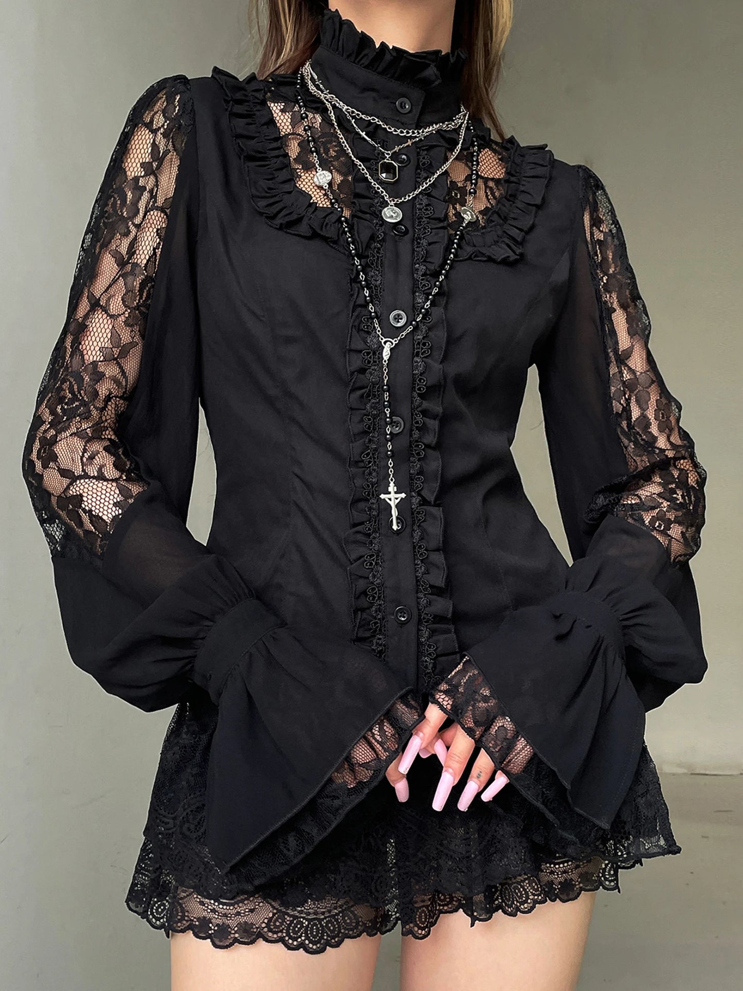 Elegant Floral Embroidered Blouse Stylish V-Neck Long Sleeve Button Down Shirt Casual  Fit Lace Patchwork Top for Women