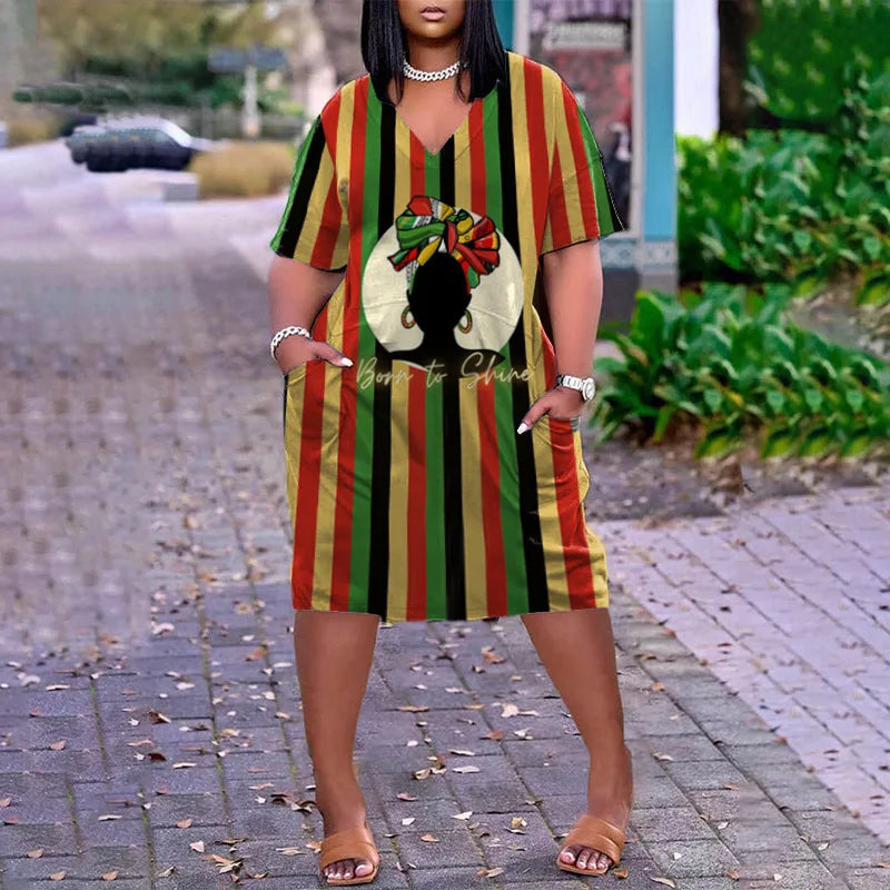 Large size casual and fashionable style stripes women's multi-color digital letter printing short-sleeved V-neck loose fit comfo