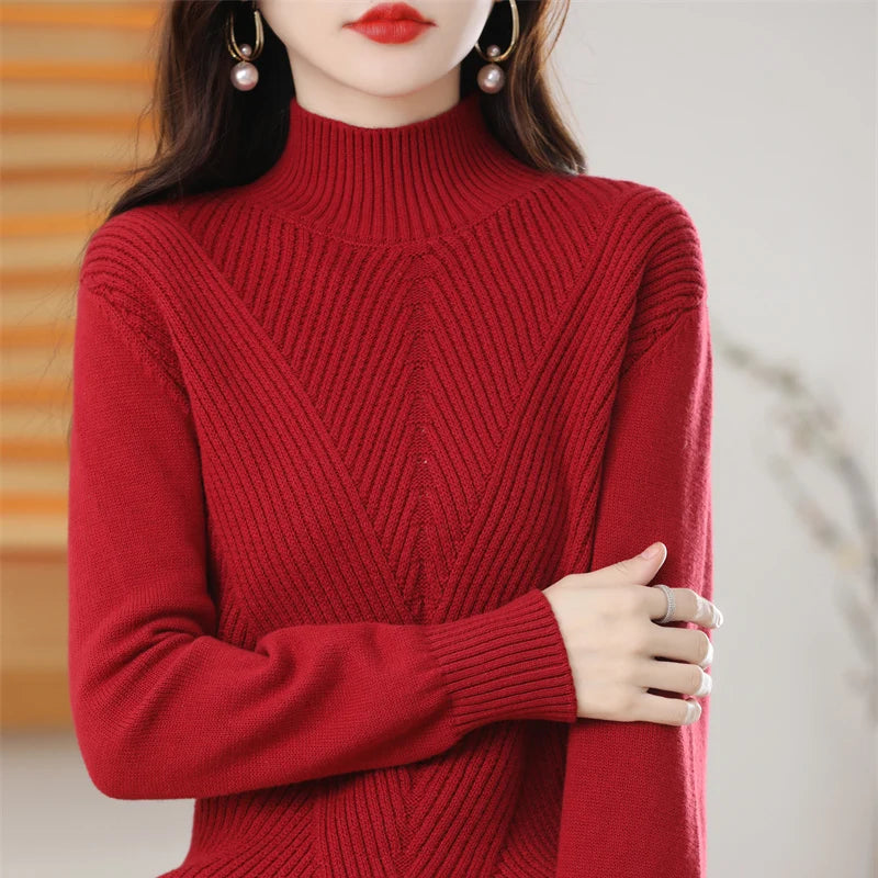 Women's 100% Pure Cotton Knitted Sweater Semi High Neck Solid Color Pullover Autumn and Winter Thick Casual Knitted Women's Top