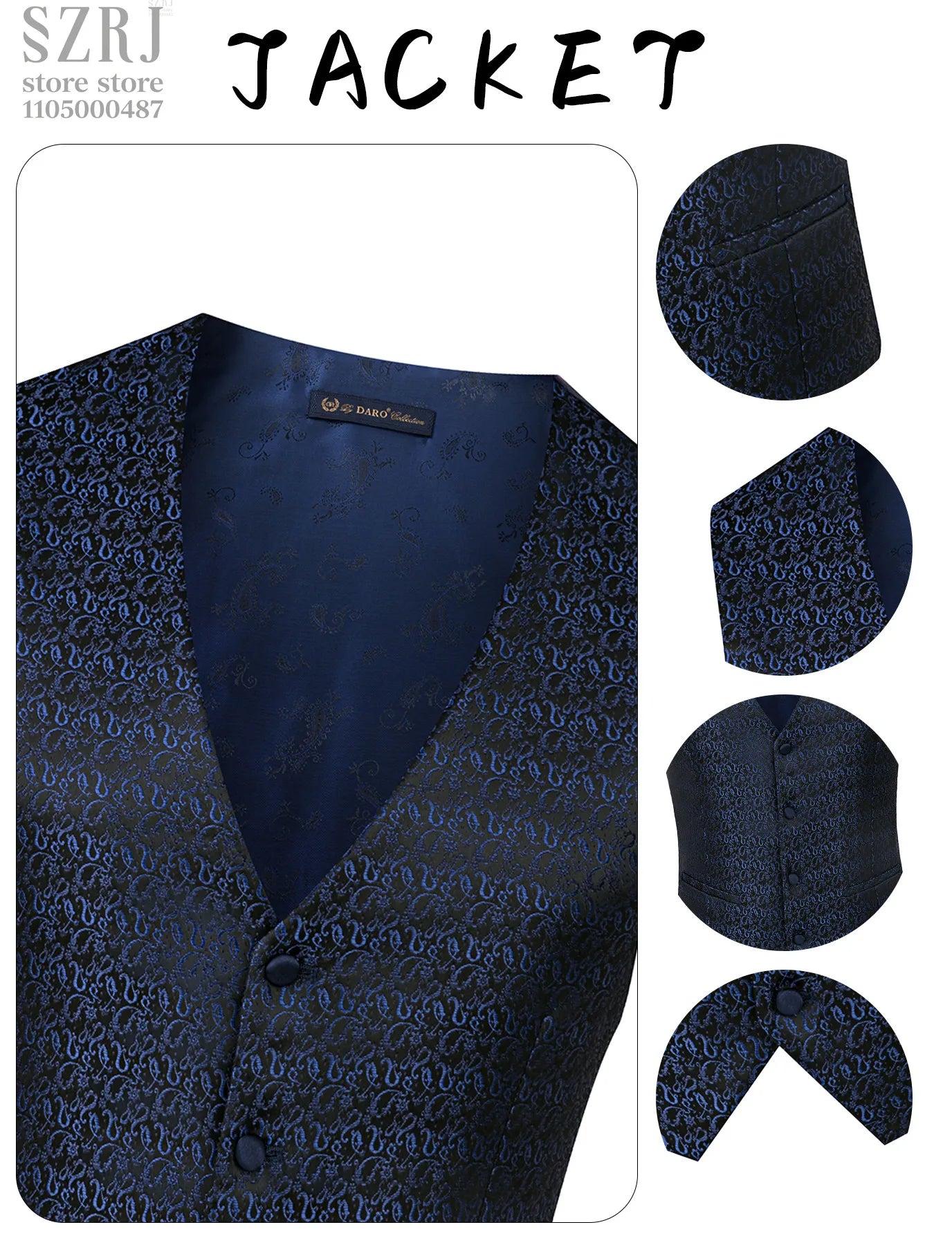 Men's 3pcs Floral Tuxedo Suit: Stand Collar, Double-Breasted Vest & Pants - Wedding/Party/Performance