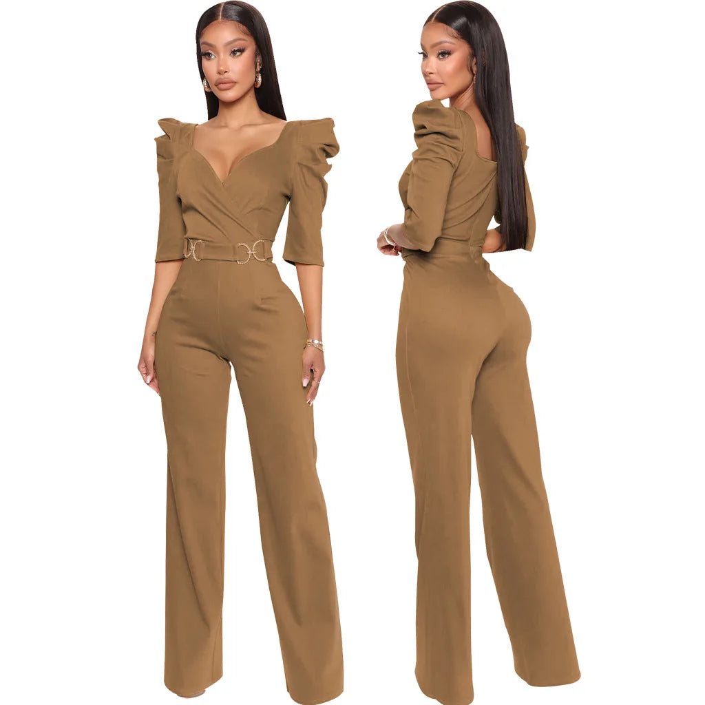Sexy fashion solid color seven-quarter sleeve V-neck women's jumpsuit SMR10805