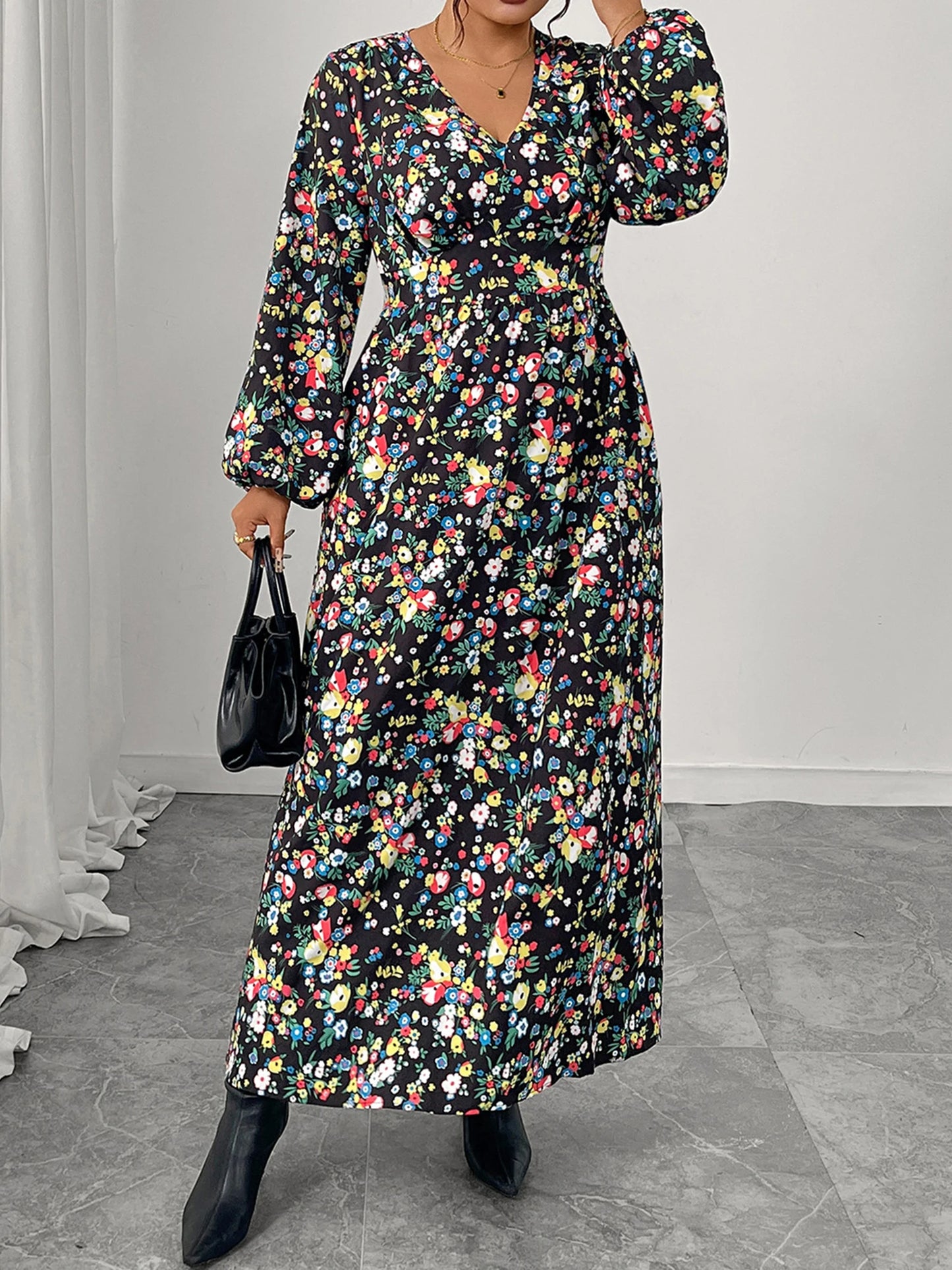 Elegant Maxi Dress Flowy Long Sleeve V-neck Printed Dress for Women s Daily Wear and Special Occasions