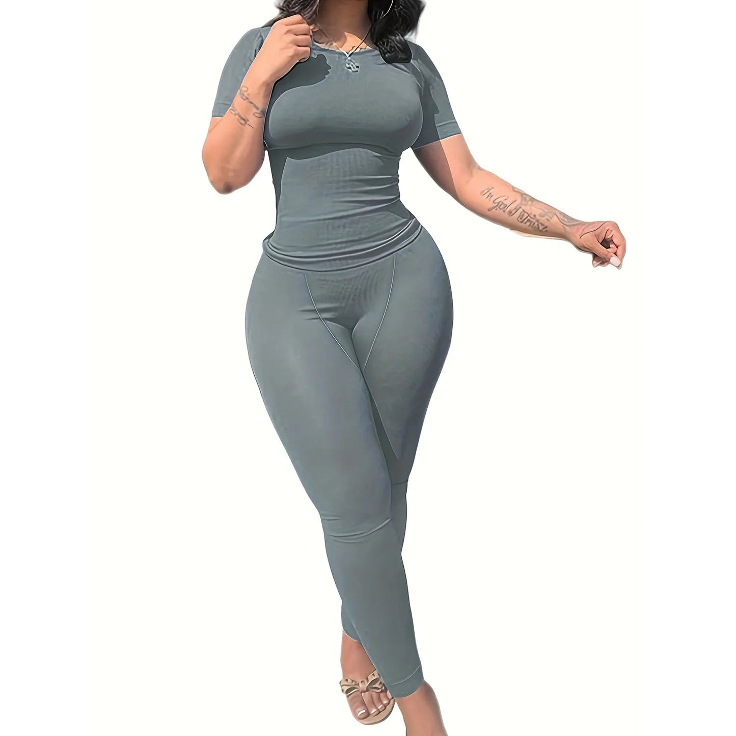 US STOCK | Casual Workout Sets Short Sleeve Two Piece Outfits For Women Ribbed Fitted Crew Neck T-shirt Matching Sets Streetwear