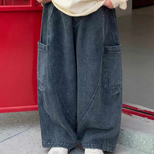 Boys Denim Pants Loose 2-10Yrs Kids Boys Casual Trousers Side Big Pockets Toddler Baby Boys Straight Jeans