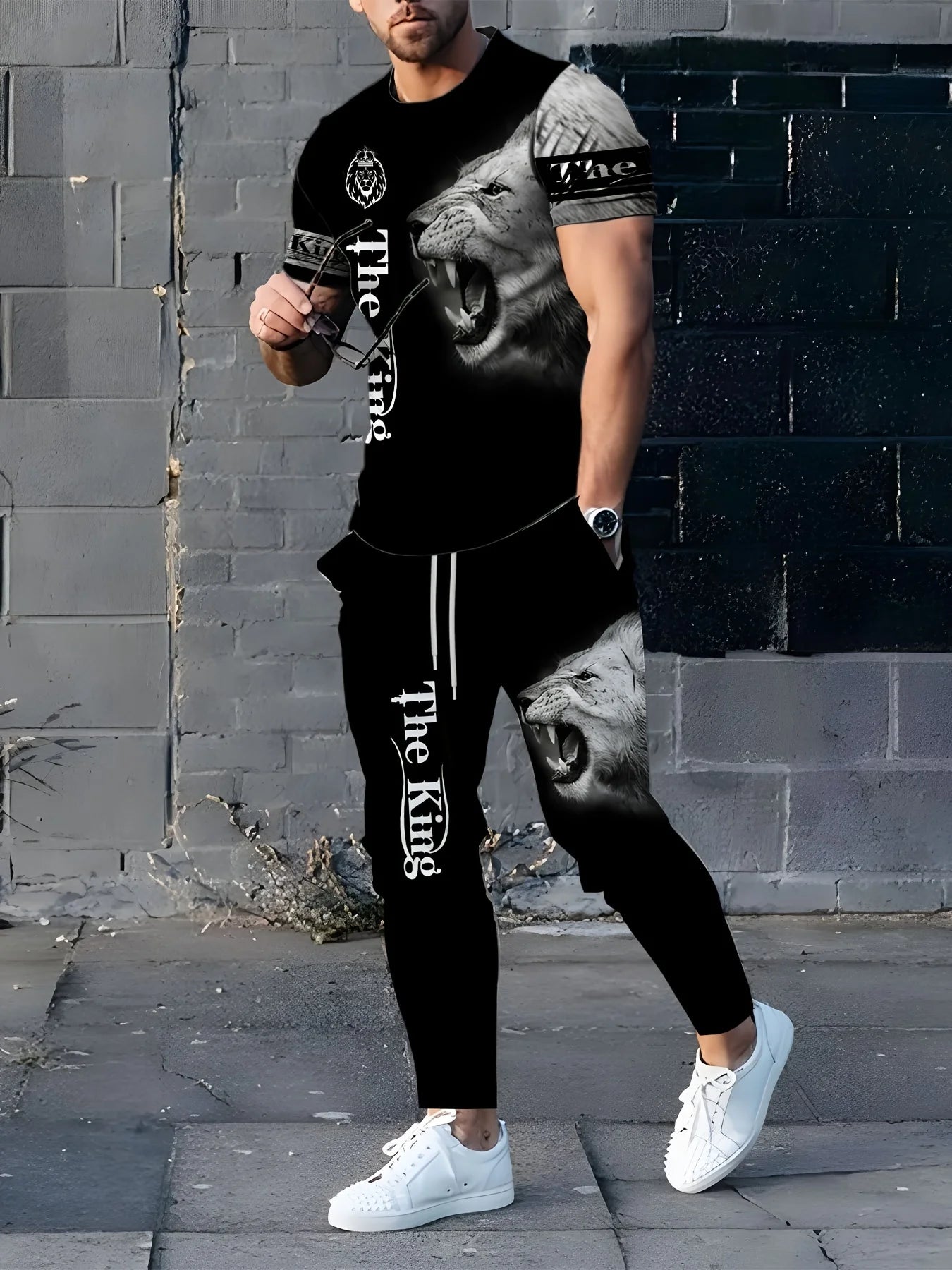 Men's 3D Lion Print Sports Suit - Year-Round Four Seasons Polyester Exercise Equipment with Boat Collar T-Shirt and Matching Pan