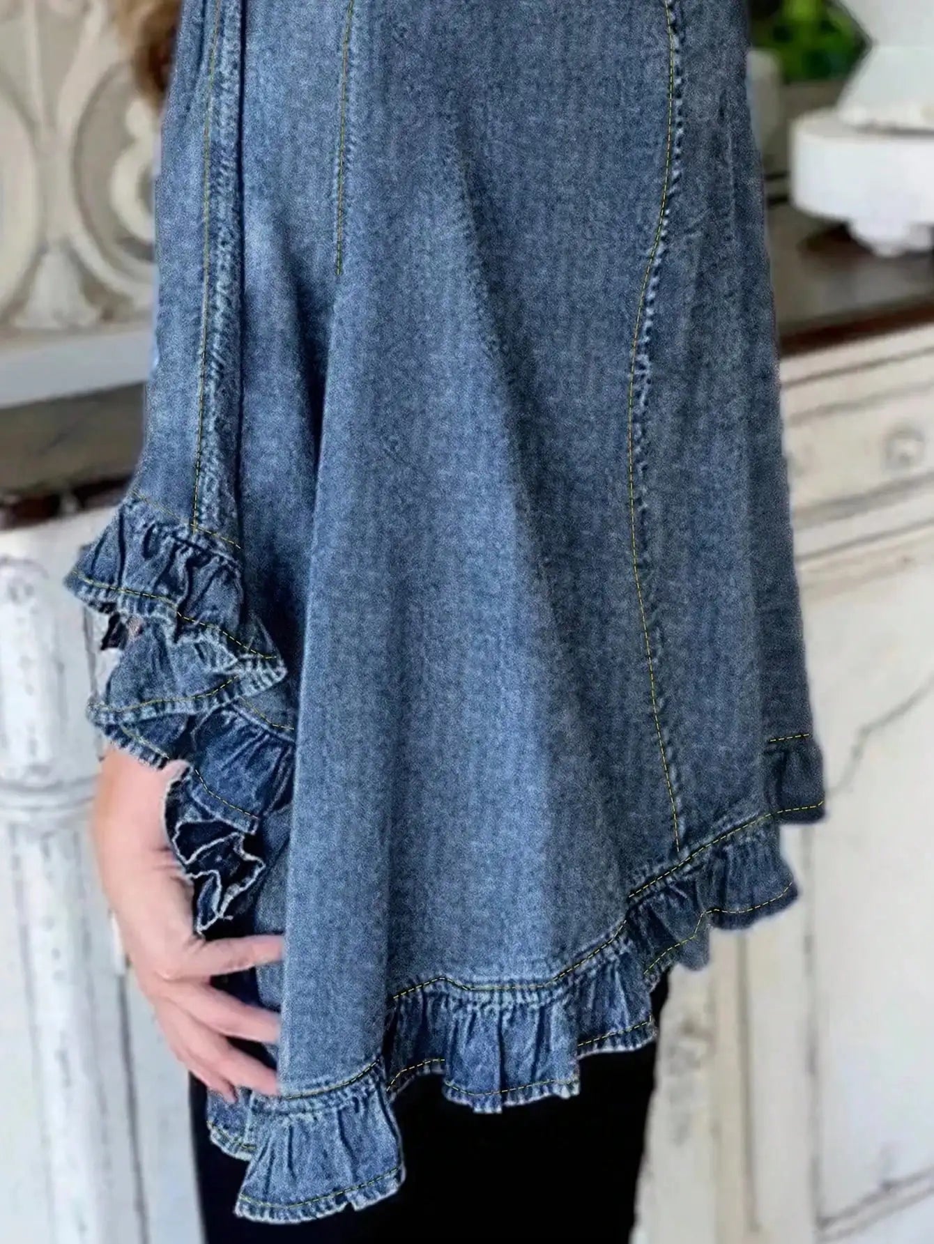 Women's Denim Jacket with Ruffled Sleeves | Boho Chic Open Front Lightweight Jacket for Women | Fall & Spring Distressed Casual
