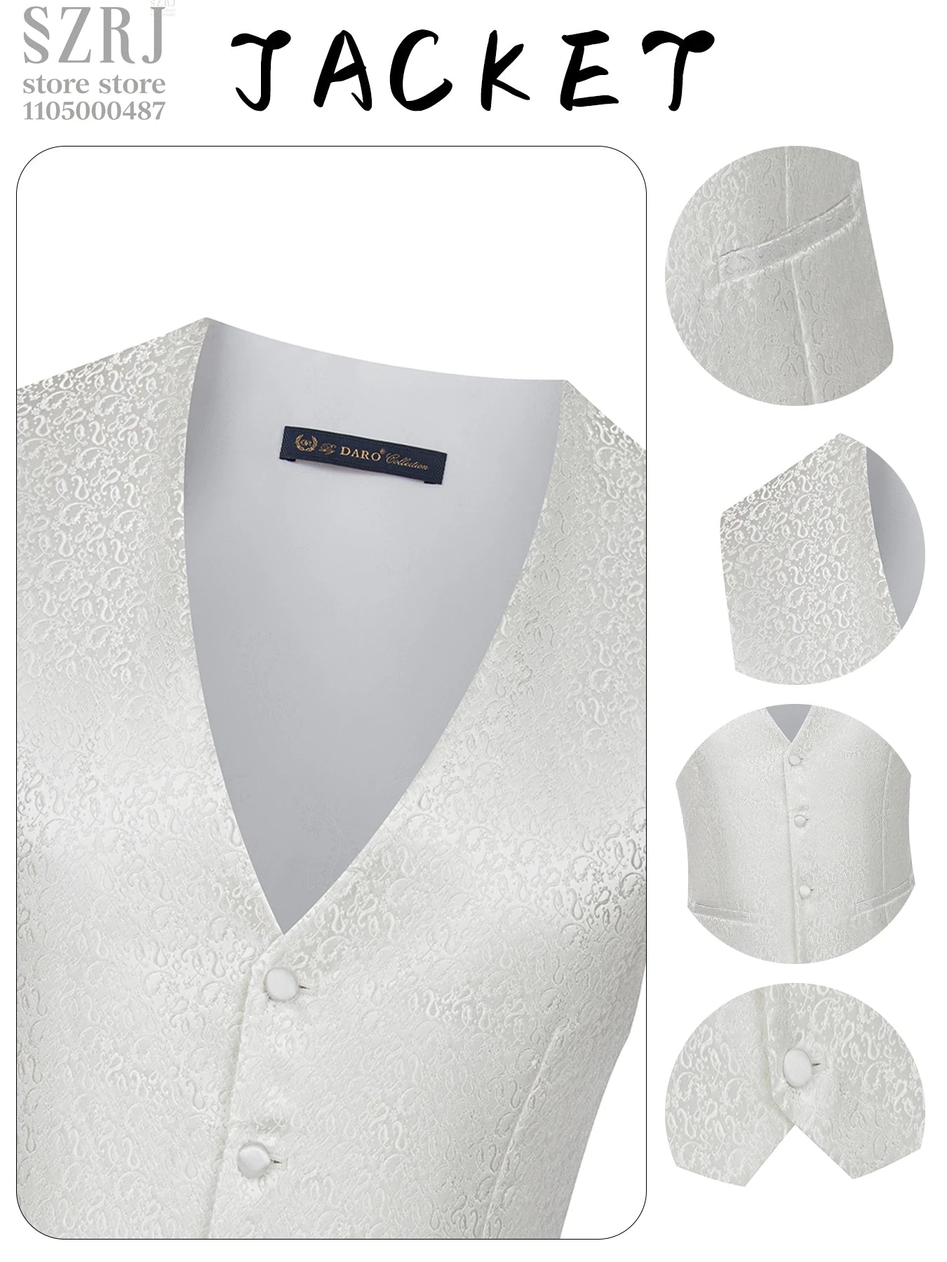 Men's 3pcs Floral Tuxedo Suit: Stand Collar, Double-Breasted Vest & Pants - Wedding/Party/Performance