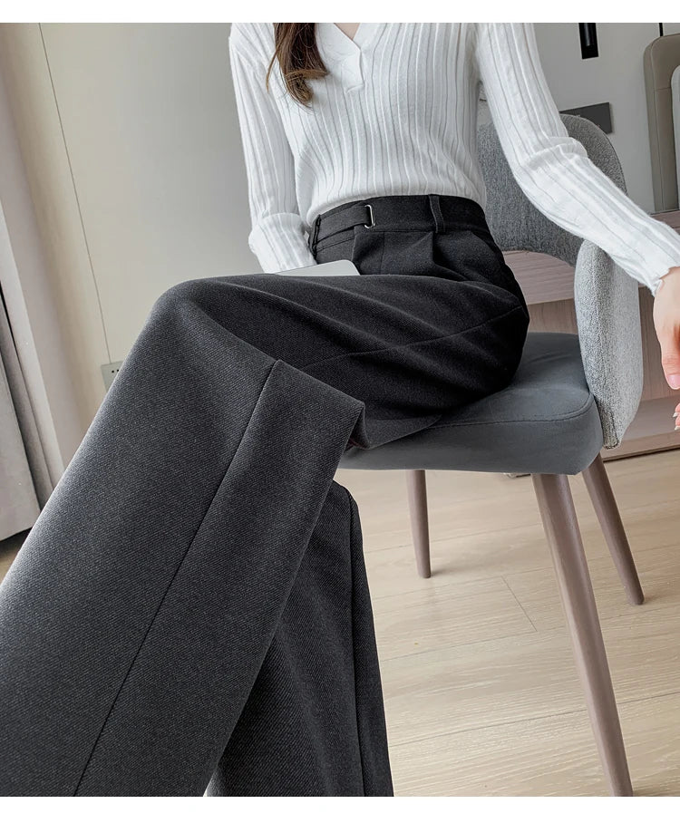 Seoulish Autumn Winter Thicken Woolen Casual Loose Full Length Pants 2025 New Button High Waist Chic Wide Leg Trousers Female