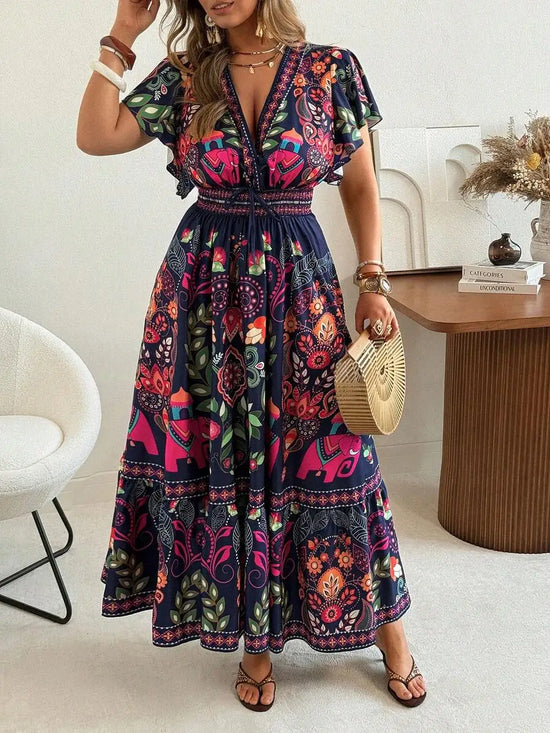 Plus Size Women Bohemian Printed V-Neck Maxi Dress With Flutter Sleeve And Tiered Skirt