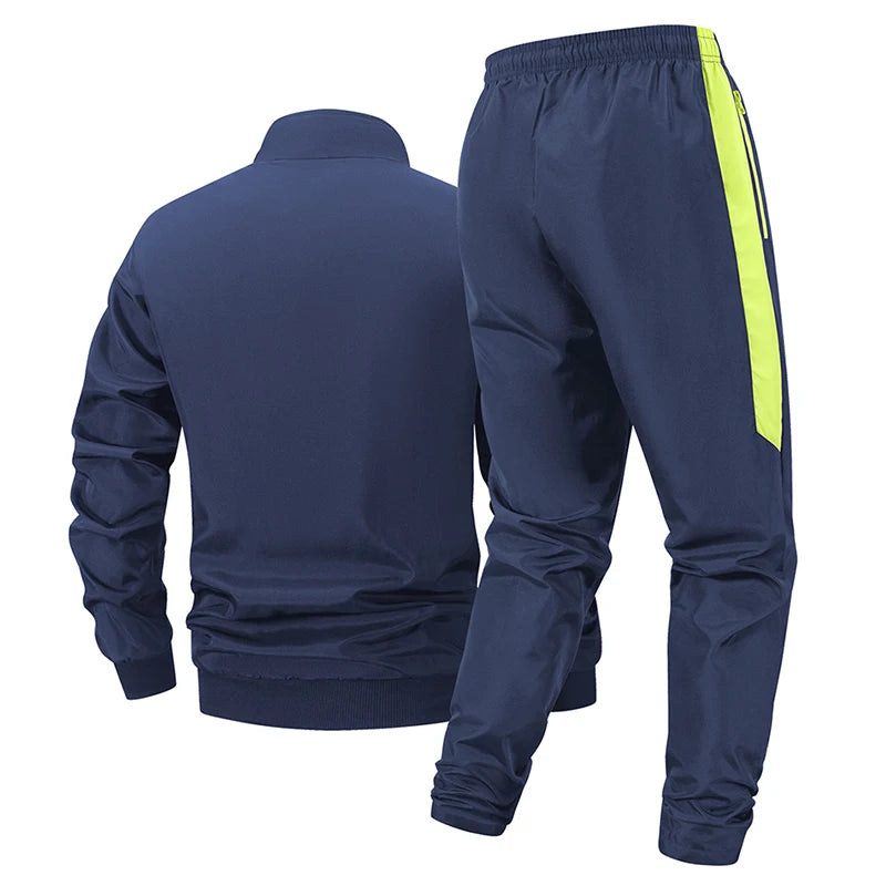 Bull Print Colorblock Sports Set for Men Outdoor Stand Collar Zip Up Jacket Coat Outwear Tops Pants Trousers with Zipper Pockets