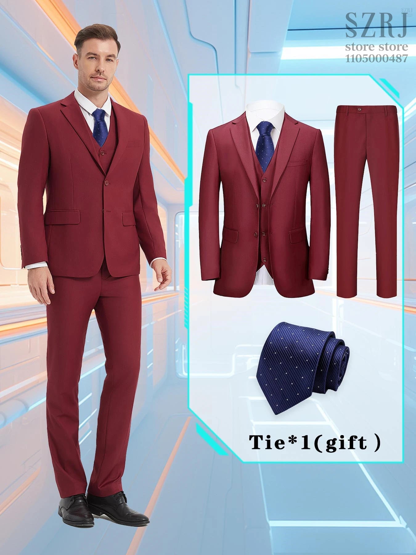 Men's 4-Piece Suit: Jacket+Vest+Pants+Blue Spotted Tie.Gentleman Style, Premium, Tailored. For Business, Parties, Weddings.