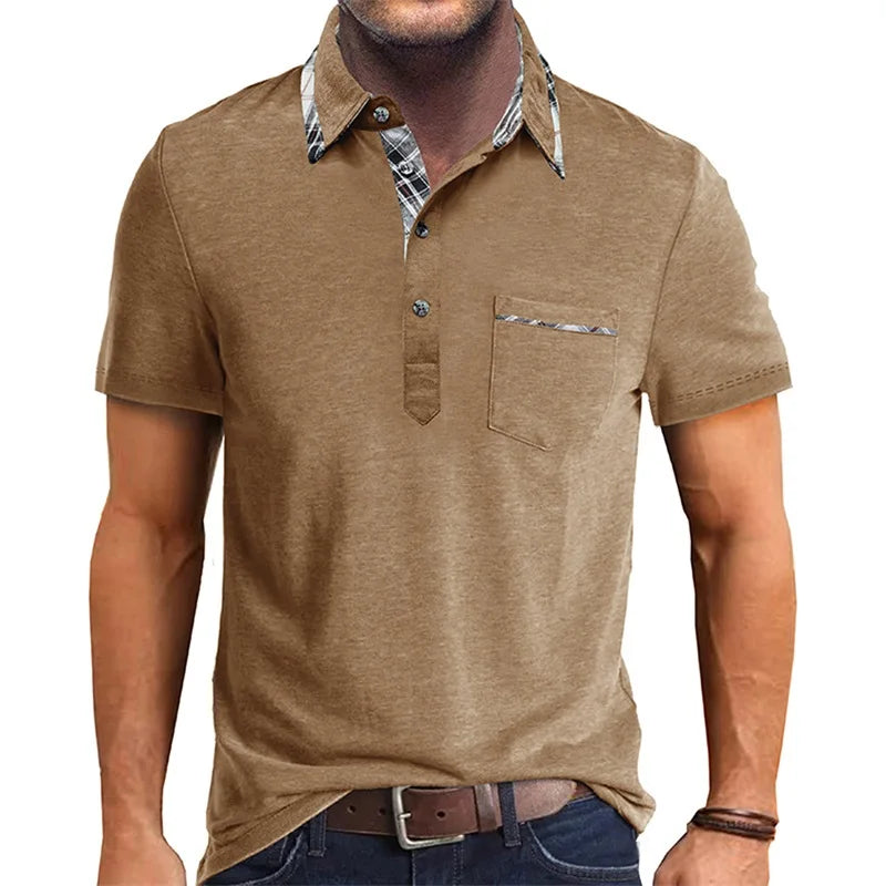 Men Short Sleeve T-Shirts Contrast Plaid Turn-Down Collar Buttons Business Casual Tops Summer Fashion  Fit Shirts