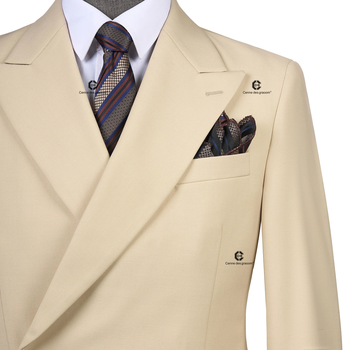 Cenne Des Graoom 2026 Beige Double Breasted 1 Button Men Suits With Peak Lapel Tailor-Made For Wedding Groom Meeting Office Wear