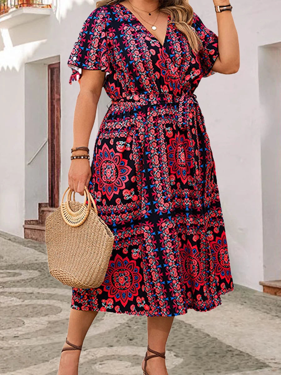 Women s Floral Print V Neck Short Sleeve Midi Dress with Slit Elegant Summer Swing Dress for Holiday Party and Special