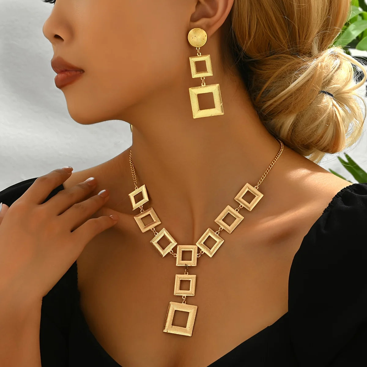 Lxalry 14K Gold Geometric Set, Electroplated Necklace & Earrings, Hypoallergenic 316L, Gift For Everyday Chic To Evening Glamour