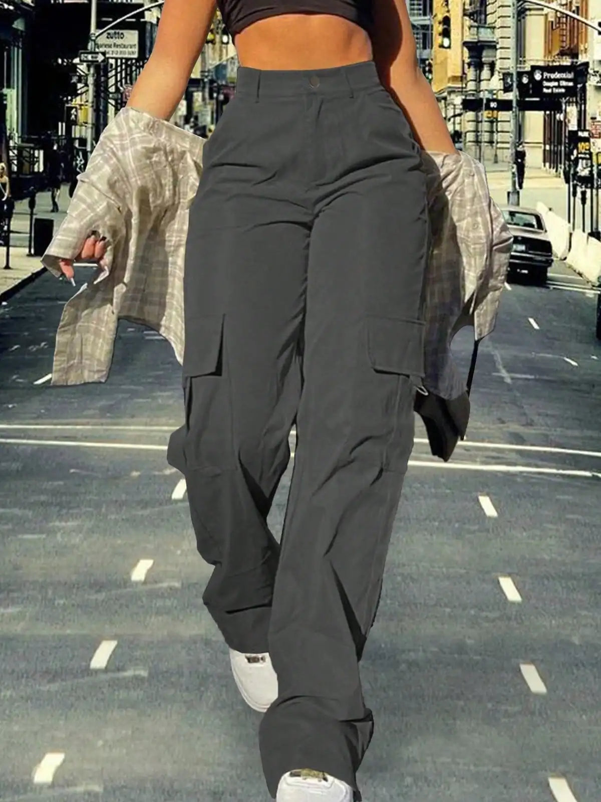 2025 Newest Women's High-Waisted Cargo Pants Y2K Loose Stretch Straight Wide Leg Pants with Pocket Casual Work Pants Streetwear