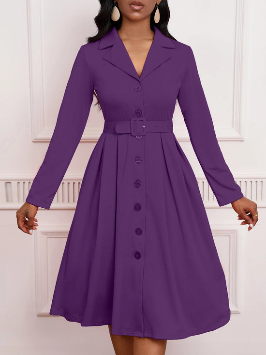 2026 Fashion All-match Elegant Elegant Stretch Dress Dress with Collar and Waist Single-breasted Long-sleeve Mid-length Dress