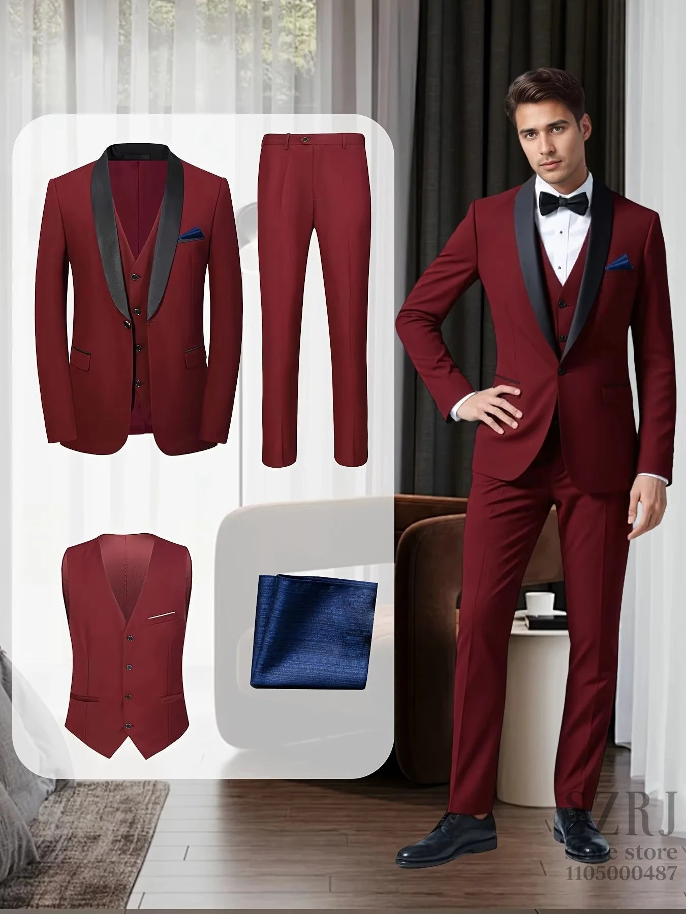 Men'S 4pcs Tuxedo Suit: Jacket, Vest, Dress Pants &Pocket Square