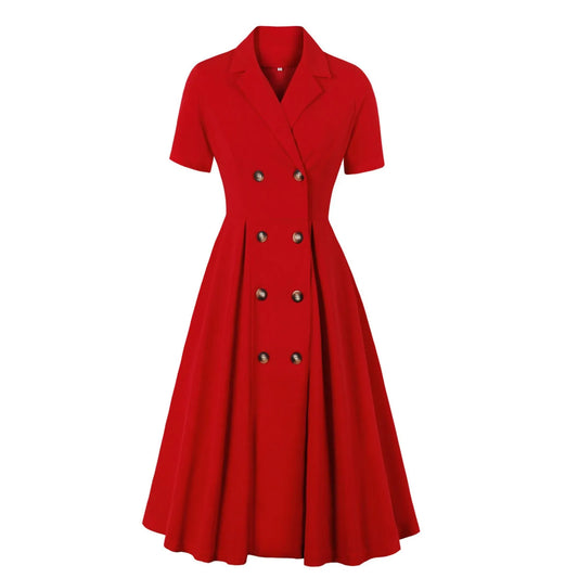 Dress Women Women'S  Short Sleeve Solid Color Vintage Lapel Dress With Large Swing Skirt Vestidos Mujer Veranoa 2025 Robe Femme