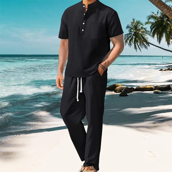Men s Casual 2 Piece Outfit Short Sleeve Henley Tops with Drawstring Pants Loose Solid Color Set for a Stylish Look