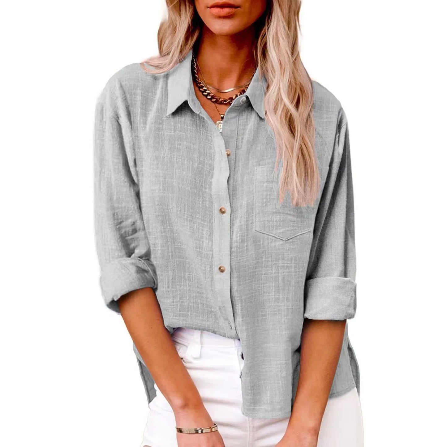Women's Fashion Solid Color Cotton and Linen Shirt Autumn Long Sleeve Button Solid Color Loose Shirt Casual Large Size Shirt