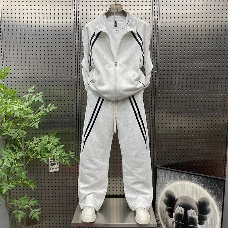 New Men Lapel Collar Zipper Tops Wide Leg Pants Sports Tracksuit Outdoor Jogging Running Set Mixed Colors Two Piece Training Set