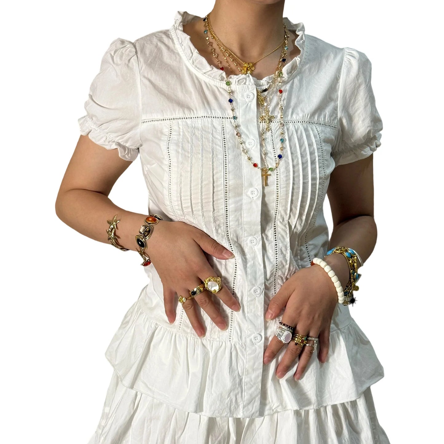 Elegant V-Neck Blouse with Flared Sleeves and Floral Embroidery Detailing Perfect for Spring and Summer Outfits