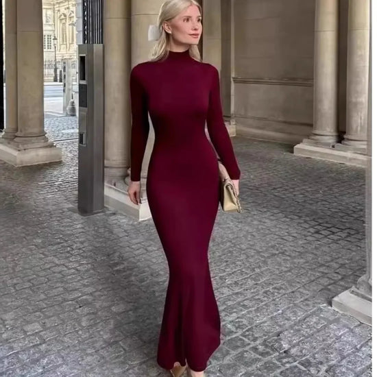 Sexy Semi-High Collar Knitted Tight Base Dress New Spring 2025 Long Ankle Length Women&