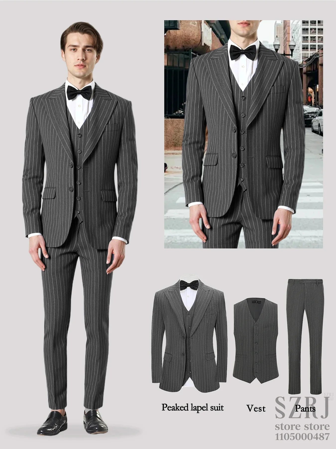 Men's Vertical Striped 3-Piece Suit - Two-Button Jacket+Vest+Pants for Wedding/Business/Daily Wear