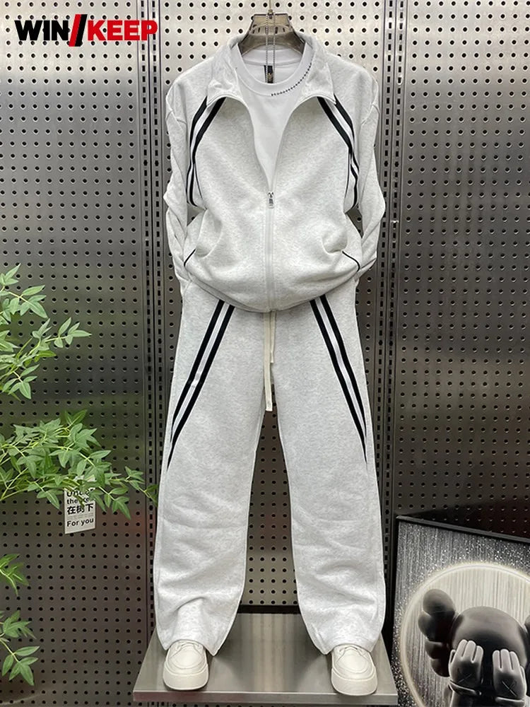 New Men Lapel Collar Zipper Tops Wide Leg Pants Sports Tracksuit Outdoor Jogging Running Set Mixed Colors Two Piece Training Set