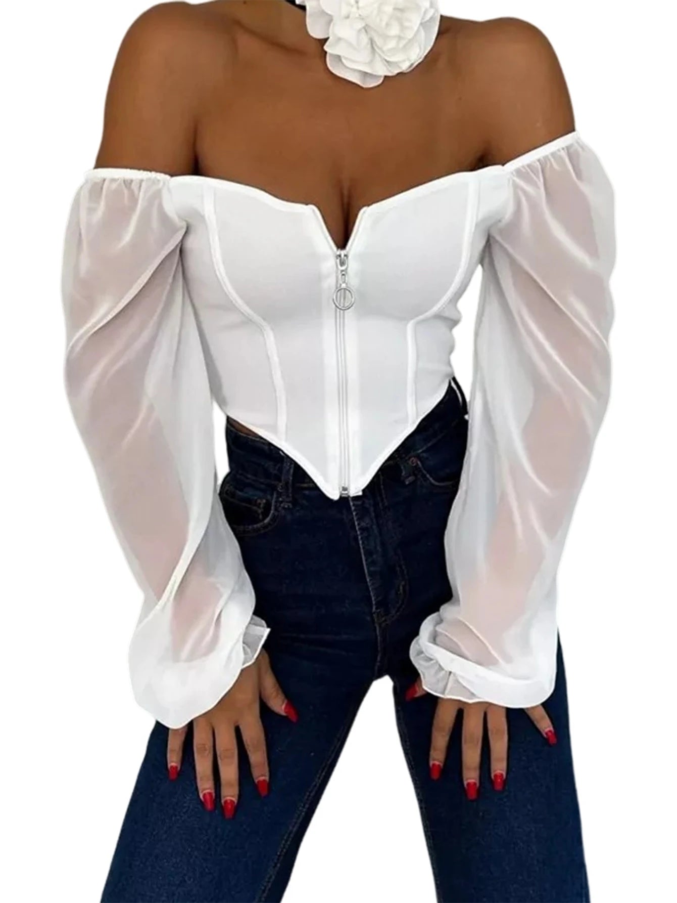 Women Mesh Crop Tops Long Sleeve See Throgh Blouse Casual Front Zip Tops Fashionable Deep V Neck Cropped Tight Waist T Shirt Off