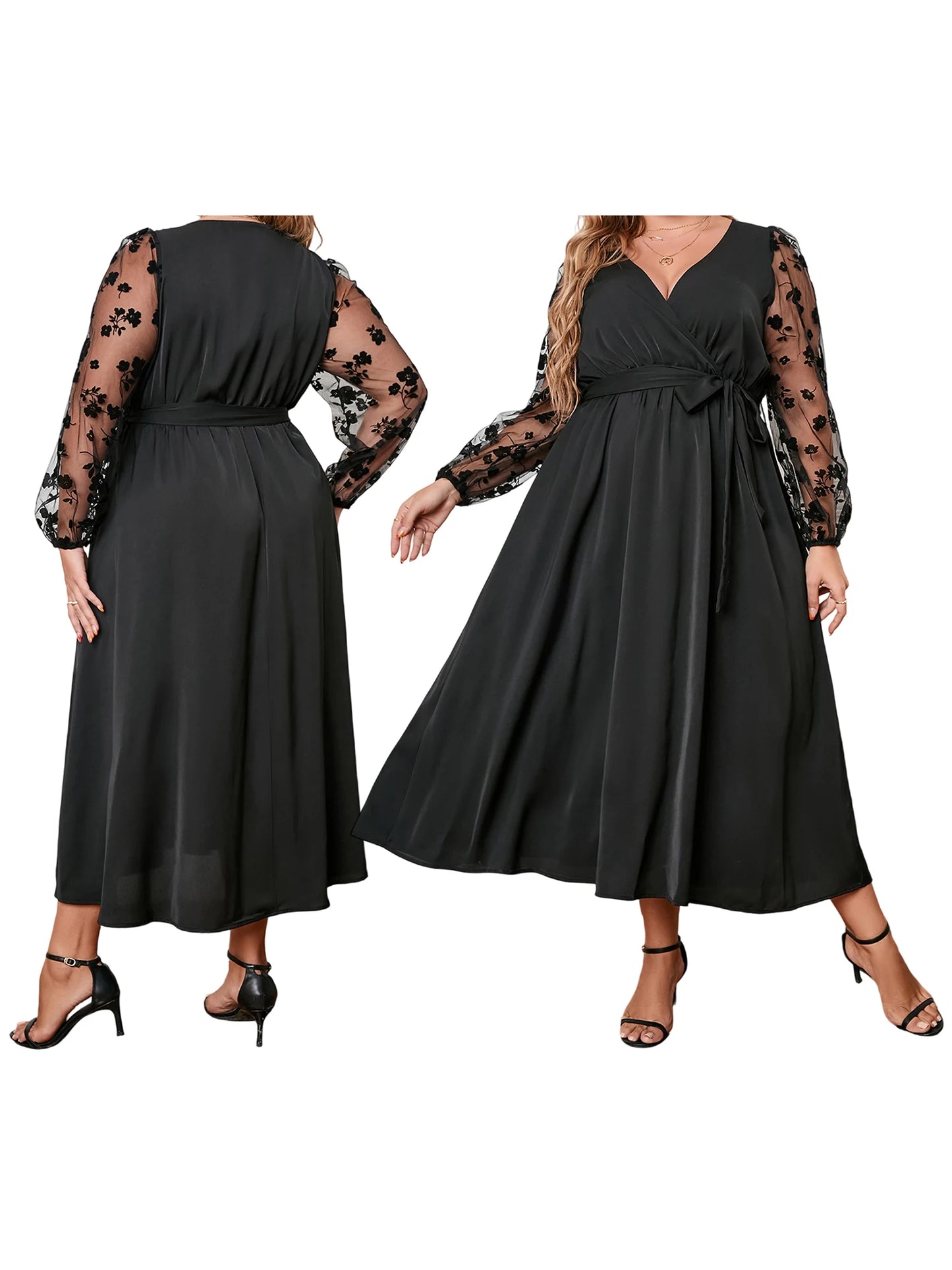 Women s Plus Size Satin Dress Embroidered Lace Long Sleeve Wrap V-Neck A Line Dress with Belt for Spring Fall Wedding Party