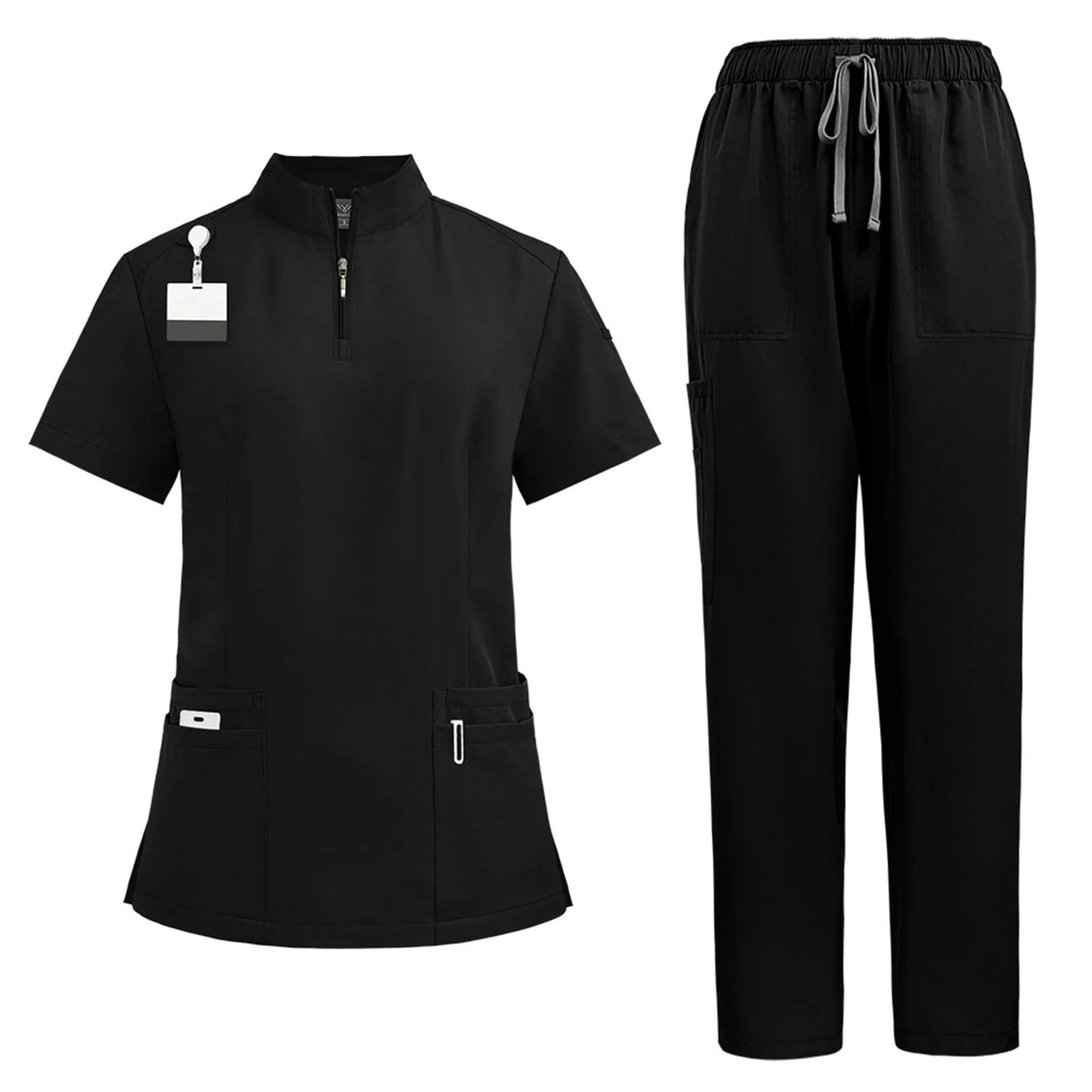 Women Two-Piece Set Solid Color Stand-Up Collar Short-Sleeve Top With Zipper Pocket And Matching Pants Professional Workwear
