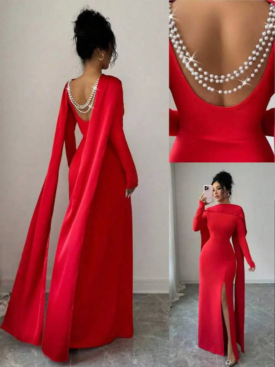 Red Satin Long Sleeve Mermaid Dress with Pearl-Embellished Open Back and Side Slit