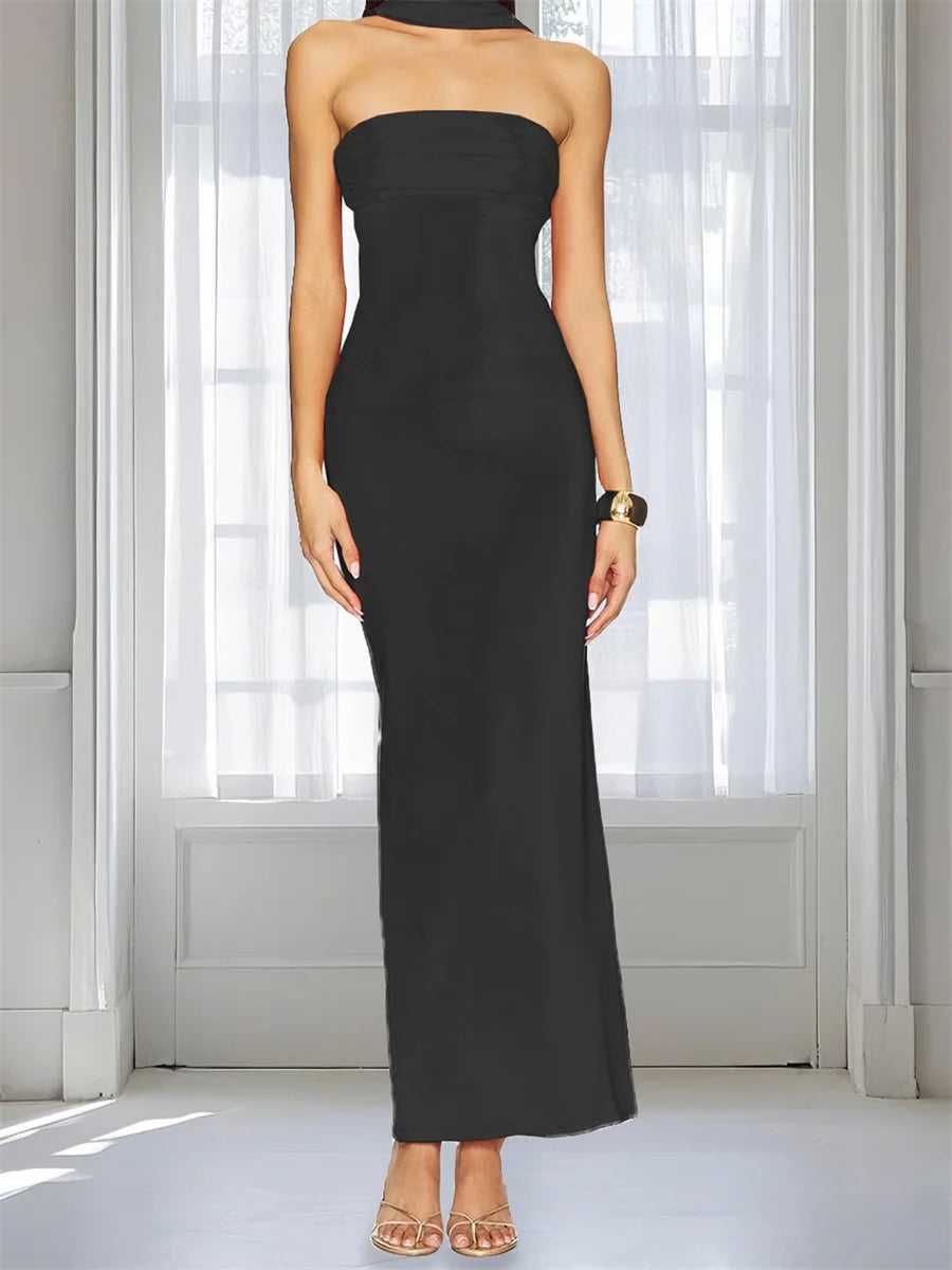 Elegant Off-Shoulder Maxi Dress with Side Slit and Tie Waist Detail Perfect for Summer Parties and Events